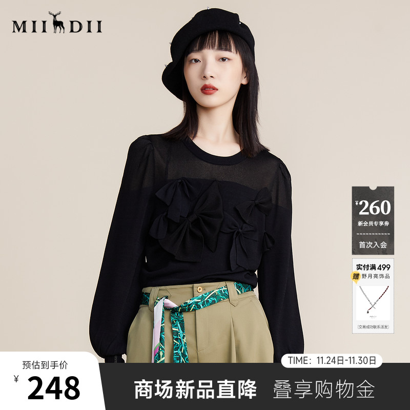谜底miidii圆领长袖水晶纱针织衫