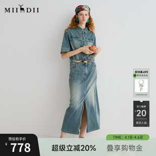 2025夏复古波嬉风通勤牛仔裙合身X型长裙252ML0534 谜底连衣裙短袖