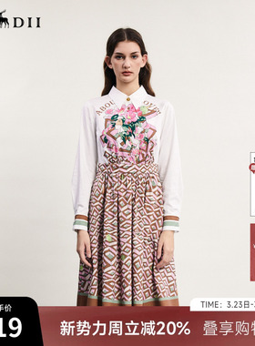 谜底衬衫式连衣裙长袖春新款复古印花中长款大摆裙241ML0091