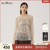 谜底网纱上衣长袖 243GS1119 喇叭袖 女秋新品 浪漫感A型刺绣衬衫