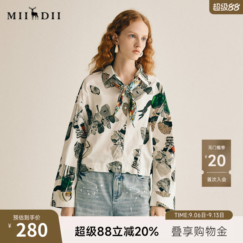 谜底印花衬衫长袖女2025春季复古波嬉风花色纯棉短衬衣255MC6026图片