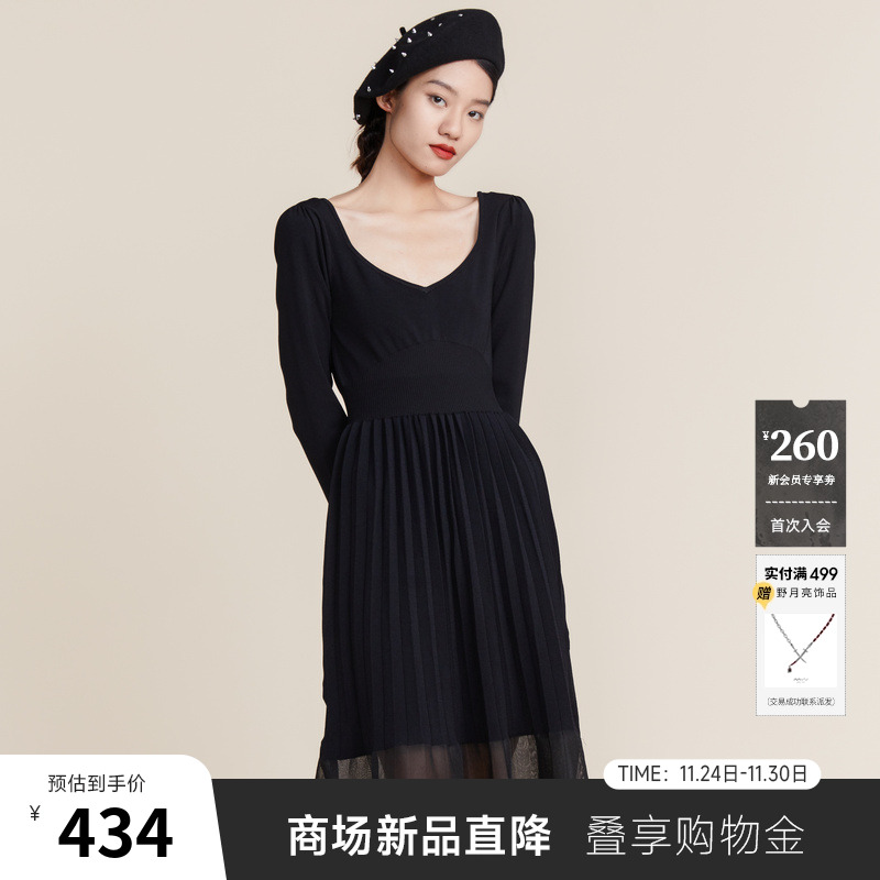 针织连衣裙，X型收腰，百褶下摆拼接透明丝