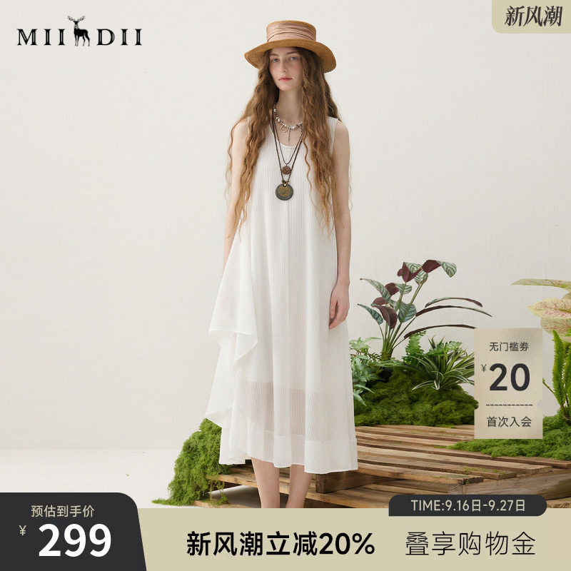 谜底白色连衣裙无袖2025夏季新款度假风圆领大摆型长裙256ML6251图片