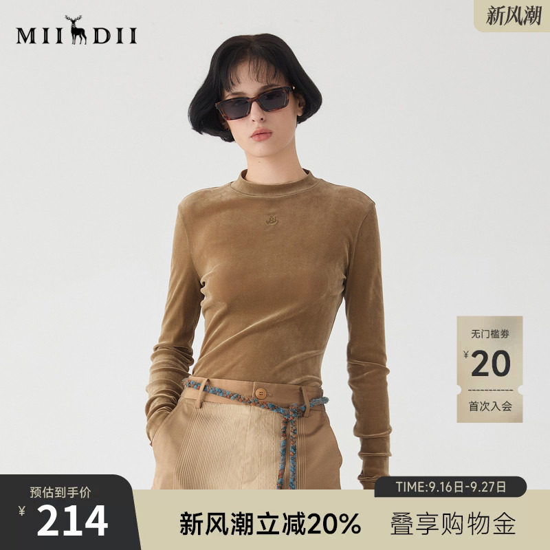 谜底丝绒半高领T恤长袖女2025春款极简修身百搭内搭上衣251MT0143图片