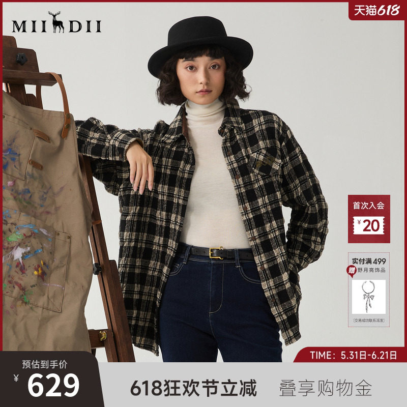 谜底黑白格子衬衫长袖女冬季新品宽松羊毛混纺衬衣244GC1484