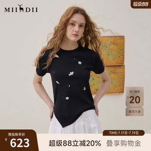 谜底套头针织短袖2026夏新品不规则收褶透气钉珠毛衣女262MZ0778