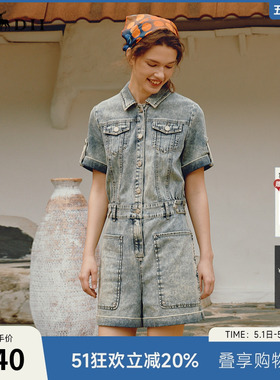 谜底牛仔连体裤女年夏季新品复古时尚炒雪花直筒裤242MK0621