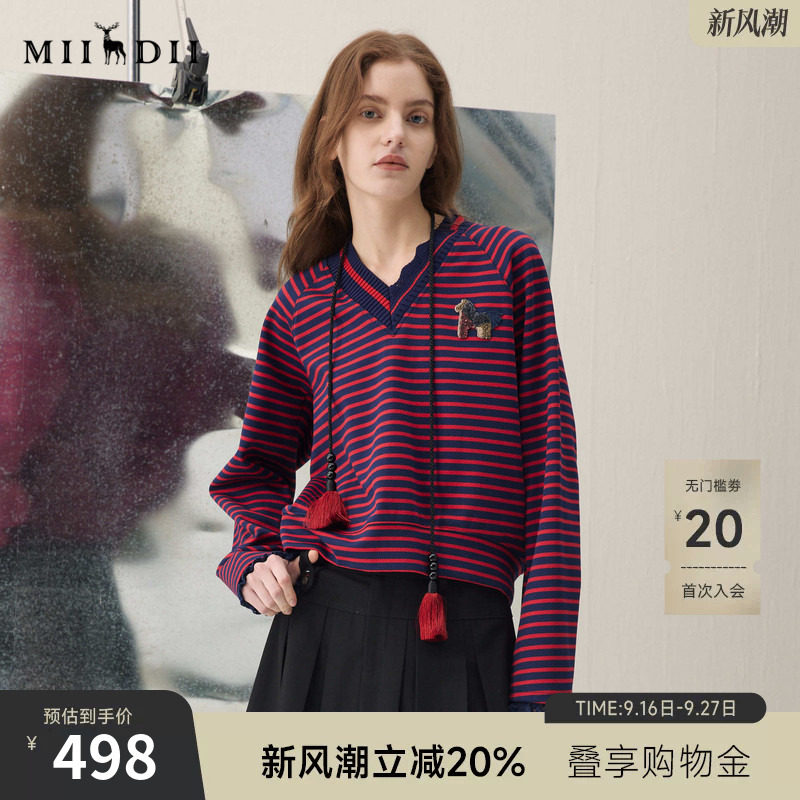 谜底V领卫衣长袖2026年春季新品复古条纹刺绣章仔蕾丝女261MV0011图片