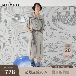 谜底牛仔连衣裙短袖25春BOXYFIT复古H型衬衫式中长裙子251ML0148