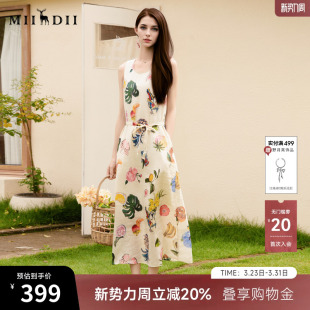 谜底花色连衣裙无袖 长裙257ML7758 女25秋俏皮软语度假风圆领修身