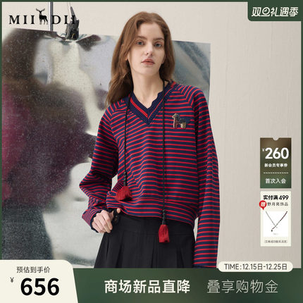 谜底V领卫衣长袖2026年春季新品复古条纹刺绣章仔蕾丝女261MV0011