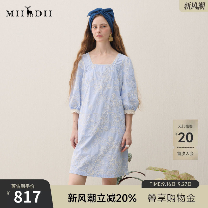 谜底连衣裙短袖2026春季新品复古绣花蓝白纹蕾丝浪漫女261ML0082图片