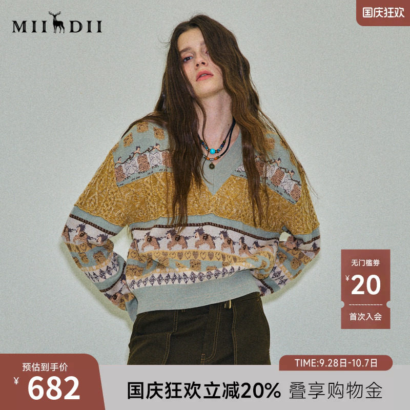谜底V领套头针织衫长袖2025冬季新品复古原创图案毛衣女254MZ1873图片