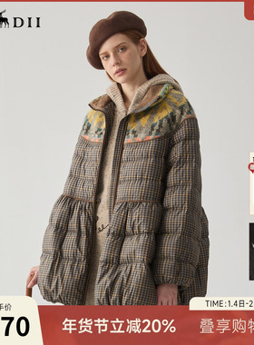 谜底格纹羽绒服女冬新品复古立领花苞式鸭绒面包服244MY1657