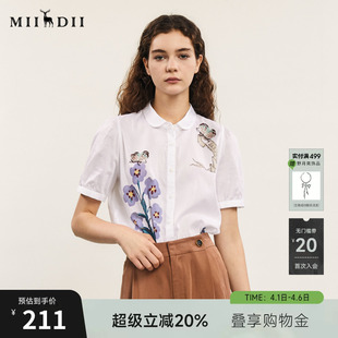 复古文艺风百搭衬衣短袖 242MC0606 女夏款 谜底纯棉印花衬衫