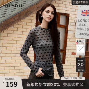 高弹打底衫 谜底网纱T恤长袖 复古圆领修身 新款 257MT7712 女2025秋季