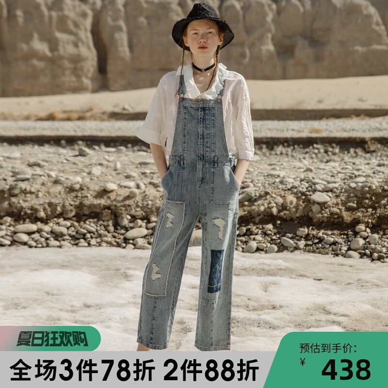 【商场同款】谜底2019秋新品磨破拼贴纯棉牛仔背带裤女193MK2007