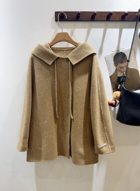 现~韩国东大门2025秋冬洋气抽绳连帽长款羊驼毛大衣外套女