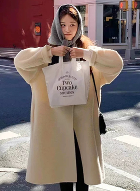 现货韩国ounce大衣洋气温柔羊驼毛单排扣双面毛呢外套东大门