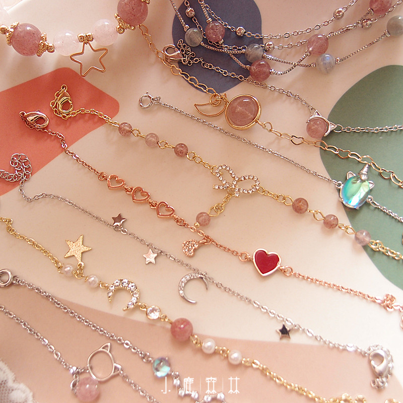 月亮爱心花朵蝴蝶碎银珍珠手链女