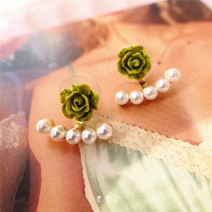 小清新绿色花朵珍珠耳环女一款 两戴小众设计感高级耳钉女独特耳饰