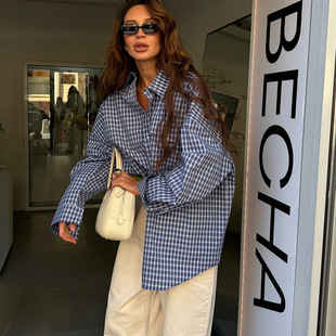 欧美女装2025秋季新款甜美清新宽松格子翻领蝙蝠袖女式衬衫上衣