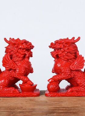 一对朱砂神兽如意镇宅摆设麒麟
