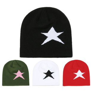 2025冬季新款毛线帽欧美潮流百搭套头帽无檐便帽户外五角星冷帽男