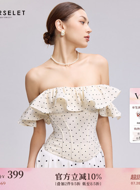 CORSELET白底黑波卡尔点抹胸复古荷叶边一字肩泡泡袖外穿鱼骨胸衣