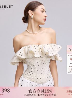CORSELET白底黑波卡尔点抹胸复古荷叶边一字肩泡泡袖外穿鱼骨胸衣