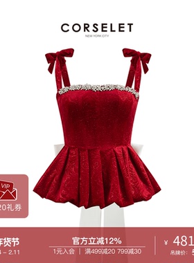 CORSELET[圣诞限定]闪钻红色玫瑰丝绒鱼骨胸衣蝴蝶结收腰束身抹胸