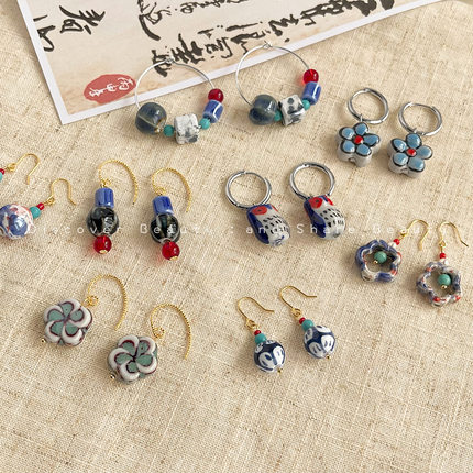 旧时｜青花瓷系列复古文艺陶瓷花朵耳环女小众设计感新中式耳饰