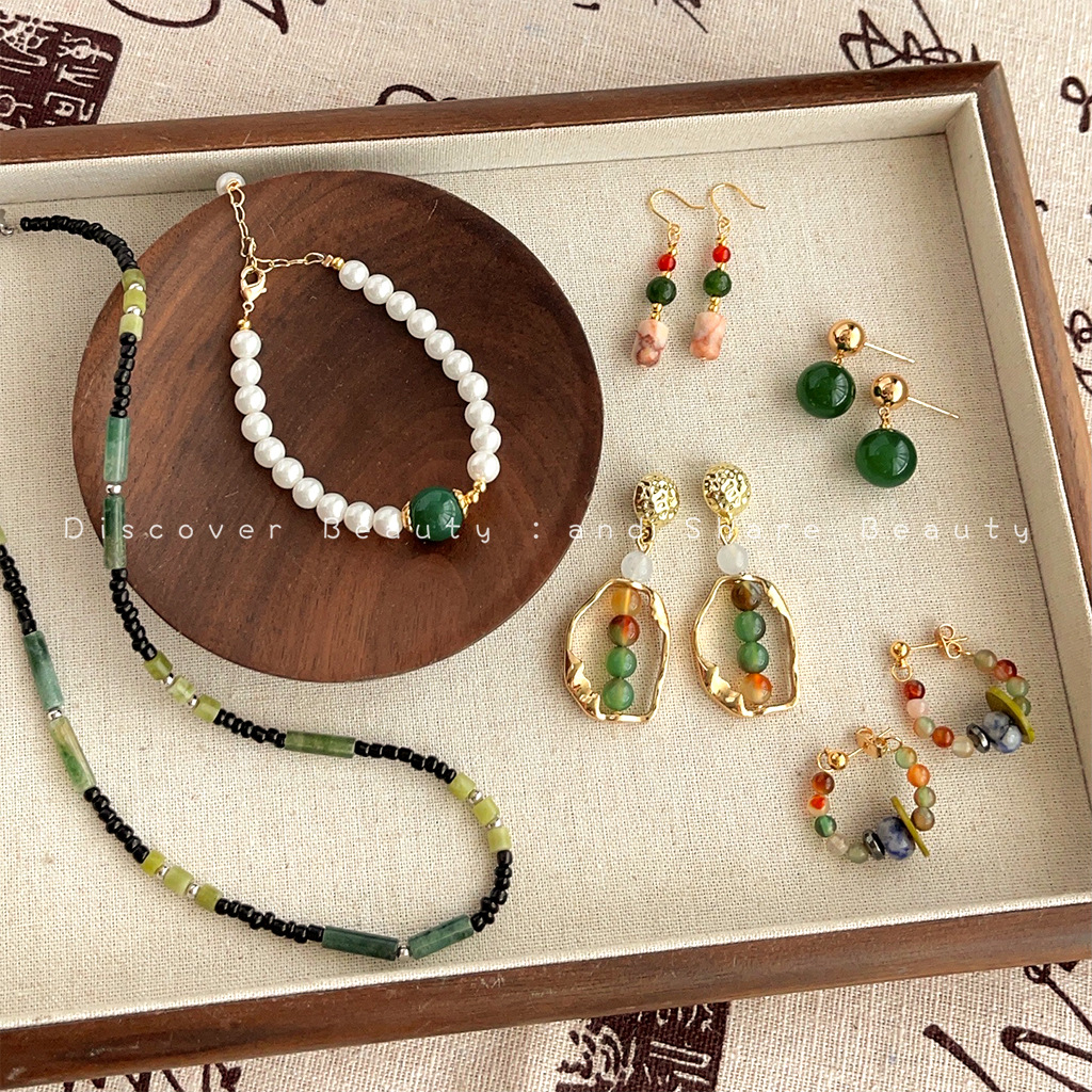林深｜复古手作天然石项链新中式绿玛瑙首饰套装国风汉服耳环