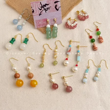 醉春风｜新中式彩色天然石串珠耳环女手作款耳钉国风汉服旗袍耳饰