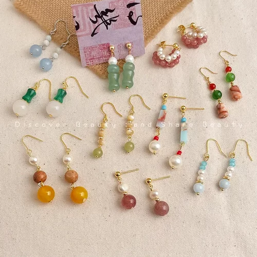 醉春风｜新中式彩色天然石串珠耳环女手作款耳钉国风汉服旗袍耳饰