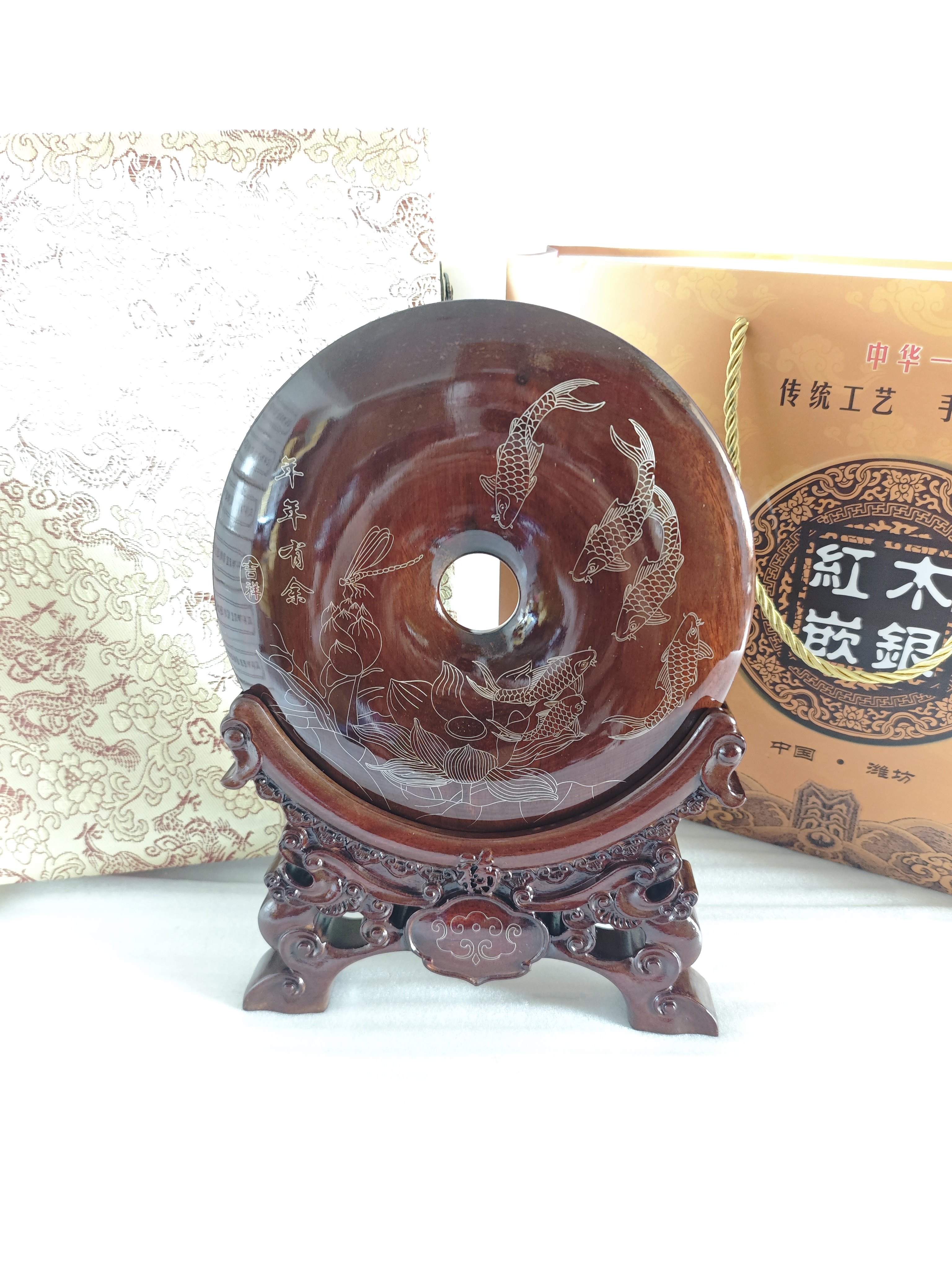 潍坊红木嵌银平安扣国家非遗精品高档礼盒装送礼佳品装饰摆件工艺