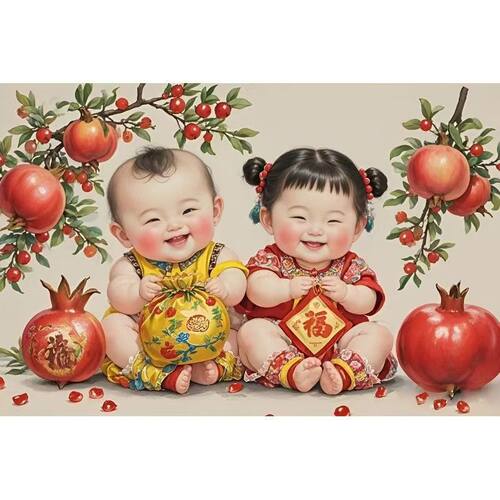 求子贴画早生贵子多子多福胖娃娃画报福娃金童玉女宝宝图海报贴画