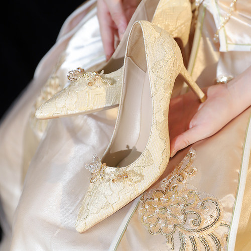 KAKA水晶鞋香槟色婚鞋秀禾鞋新娘