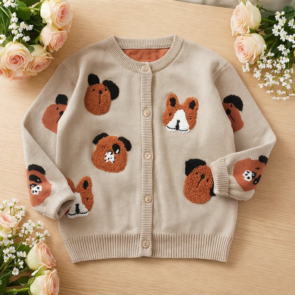 儿童毛衣新款男童卡通小狗刺绣针织衫女童棉线衣开衫春秋休闲外套