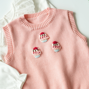 女童毛衣背心新款春秋卡通蛋糕套头针织衫薄款小女孩无袖棉线马甲