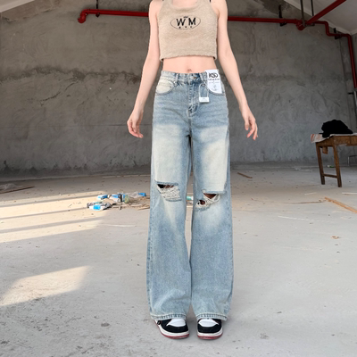 高腰直筒牛仔裤浅色水洗破洞裤26新款美式窄版宽松裤女加长高个子