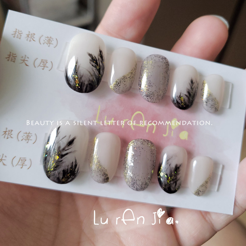 陆人甲 坠落天使独特手绘黑羽毛定制穿戴指甲 拉丁花样滑冰美甲片