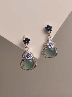 925银新中式国风蓝水镂空葫芦蓝色花朵图案耳钉小众耳坠古风耳饰