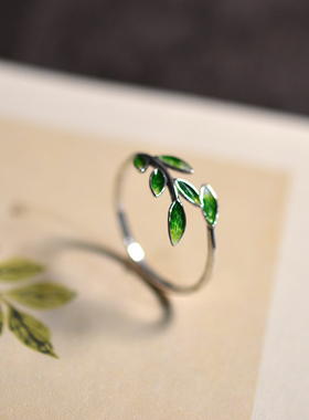 S925银饰怀旧复古景泰蓝绿色树叶女式银戒指古风开口戒配盒包邮