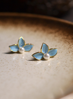 925银素银滴油蓝色花瓣图案古风古典银耳钉耳饰配礼盒包邮