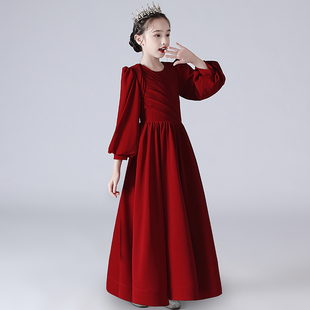 儿童长袖生日宴会礼服裙女大童小提琴演奏钢琴考级主持人演出服装