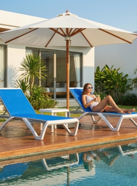 户外躺床白色露天防水酒店泳池躺椅带伞日光床民宿海边休闲沙滩床