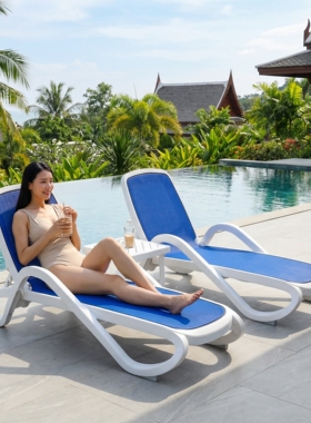 户外躺床白色露天防水酒店泳池躺椅带伞日光床民宿海边休闲沙滩床