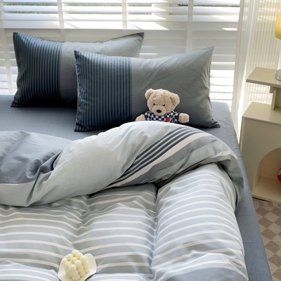 简约条纹格子床上四件套纯棉被套床单北欧床笠单人宿舍三件套男生