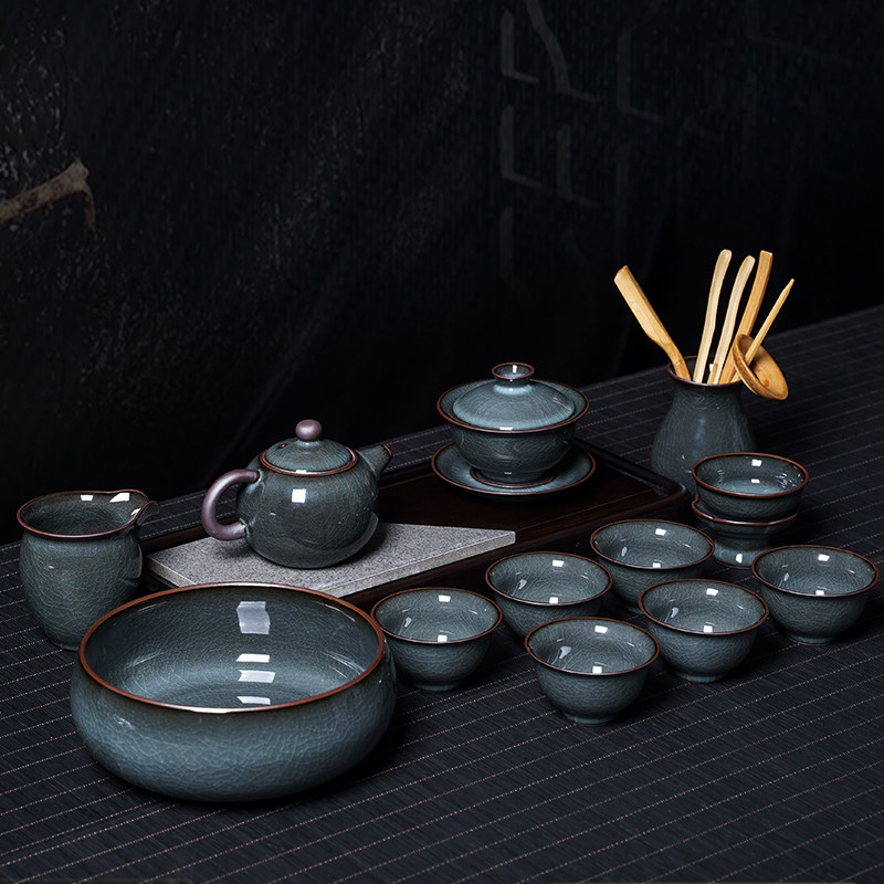 青瓷功夫茶具套装手工盖碗茶杯茶壶整套铁胎冰裂陶瓷泡茶家用